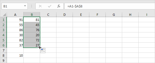 subtract a number from a range of cells png